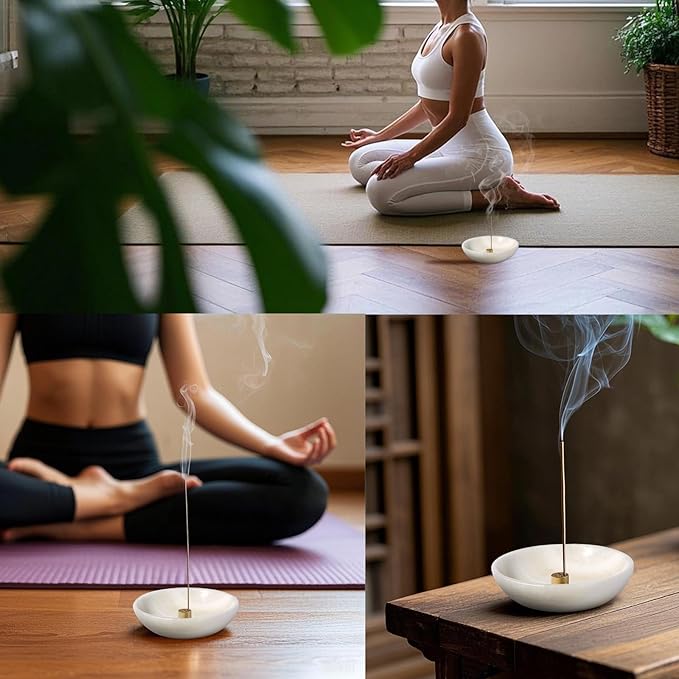 Koville Natural Marble Incense Holder, Incense Holder for Sticks with 9 Holes, Handmade Incense Burner Ash Catcher for Meditation Yoga SPA, Balsam Fir/Palo Santo/Sage/Cone (White) - Bloomnest