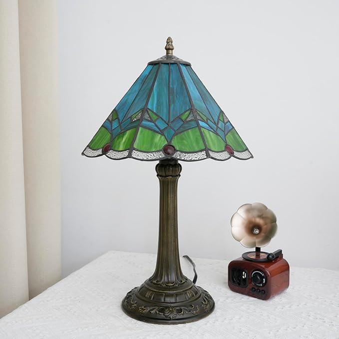 Green Tiffany Lamp Retro Rural Style Farmhouse Teal Bedroom Bedside Reading Light Living Room Hotel Bar Home Decor 12x19 Inch E26 Nightstand Unique Colored Bronze Metal Base Stainred Glass Table Lamp - Bloomnest