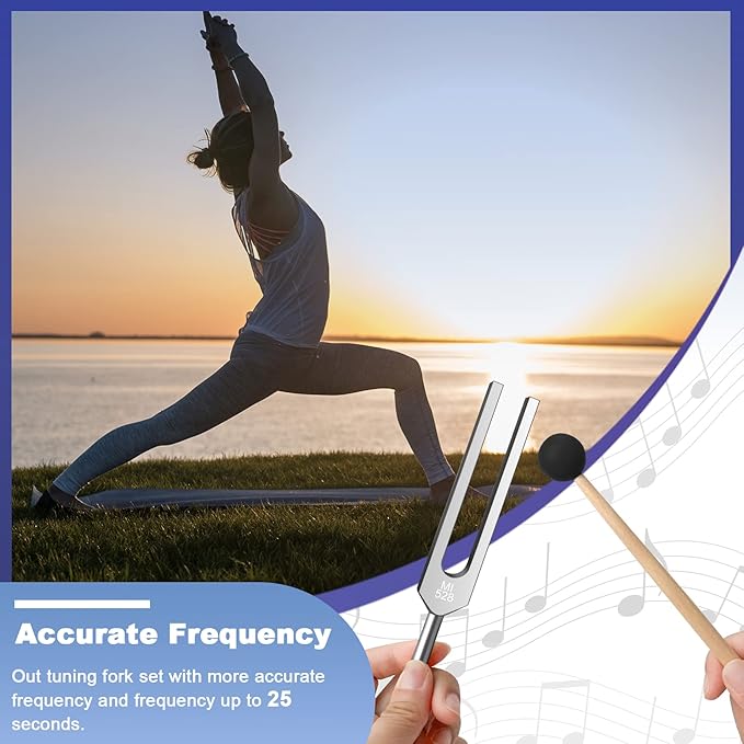 528 Hz Tuning Fork for Healing, DNA Repair, Reliever Stress and Perfect Musical Instrument, Frequency of Love, Silver, with Black Rubber Mallet, Triangular Silicone and Velvet Storage Bag - Bloomnest