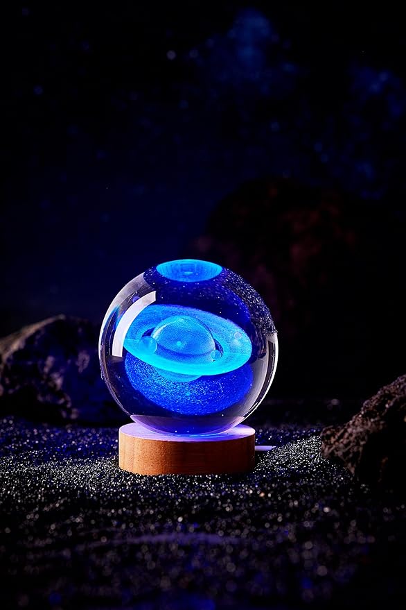 3D Large Saturn Crystal Ball Night Light with Wooden Base, Solar System Crystal Lamp Gift for Kids Wife Friends, 16 Color Changing with Remote Control, 3.15 inch Planet Glass Ball Lamp (Saturn) - Bloomnest