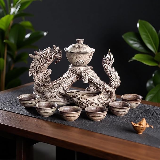 Chinese Gongfu Tea Set - Ceramic Teapot with Infuser, 8 Cups, Semi Automatic Dragon Design for Loose Leaf Tea