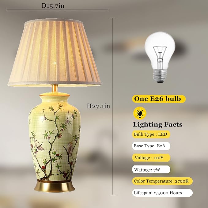 American Flower and Bird Ceramic Table Lamp, 27 Chinoiserie LED Table Lamp , Classic Cottage Bedside Desk Nightstand Lamp - Bloomnest
