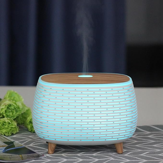 2-in-1 BT Speaker & Ultrasonic Essential Oil Diffuser,Aromatherapy Diffuser Cool Mist Humidifier with 7 Colors Lights for Large Room Home Office,400ml(White+Wooden Grain) - Bloomnest