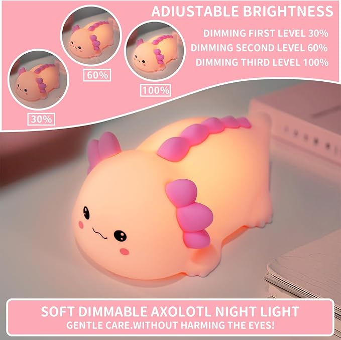 Axolotl Silicone Nursery Night Light, Dimmable LED Animal Lamp with Timer,Cute Gifts Rechargeable Bedroom Bedside Lamp with Touch Sensor Toy for Kids (Axolotl B) - Bloomnest