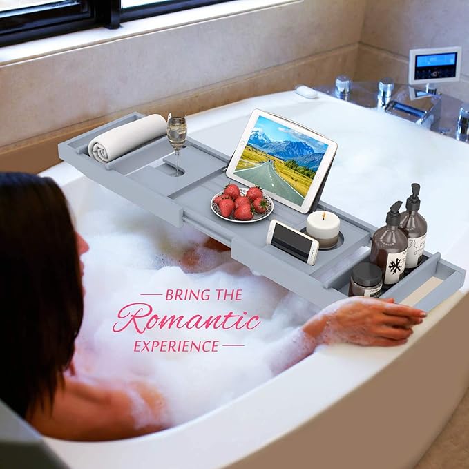 Domax Bathtub Caddy Tray Expandable Bamboo Tub Tray for Luxury Bath with Book Holder and Free Soap Dish (Gray, 29.4"-44.2"x 9.1"x1.65") - Bloomnest