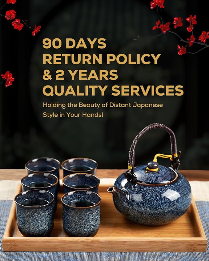 DUJUST Japanese Tea Set for 6, Kiln Altered Glaze Porcelain Tea Set with 1 Teapot, 6 Tea Cups & 1 Tea Tray, Unique Chinese Tea Sets for Adults/Tea Lovers/Women/Men, Blue - Bloomnest
