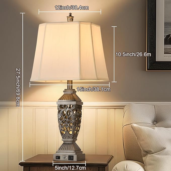 AIDENOEY Farmhouses Table Lamp with USB & USB-C Charging Ports, 3-Color Dimmable & Stepless Bottom Dimming, Touch Control & Switch, Vintage Bedside Lamp for Bedroom Living Room Office,(27.5" high) - Bloomnest