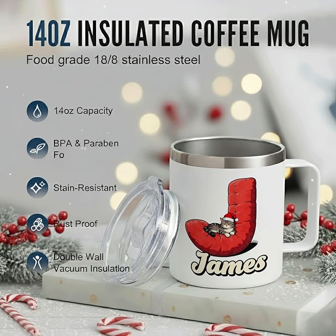 JugJug Personalized Christmas Cat Mug with Initial & Name - Funny Grumpy 12oz Insulated Coffee Cup with Lid - Xmas Gifts for Cat Lovers, Women, Girls (B179) - Bloomnest