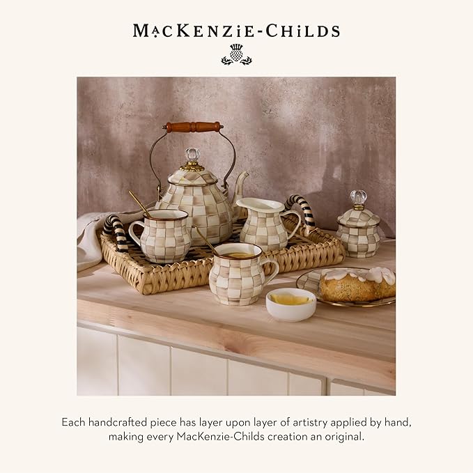 MACKENZIE-CHILDS Enamel Teapot, Cute Small Teapot with Lid, 4-Cup Capacity, Brown-and-White Mocha Check - Bloomnest