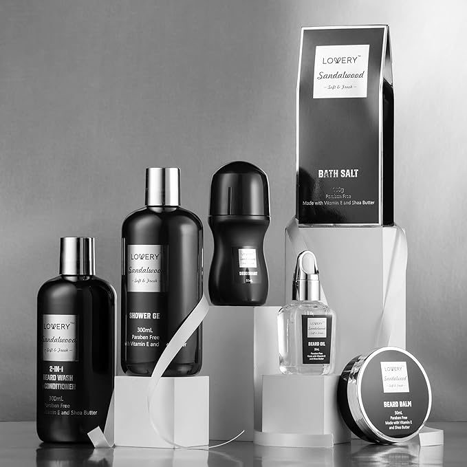 Gifts for Men, Valentines Day Gifts for Him Body And Wash Gift Set Beard Kit and Body Care, Sandalwood Spa Baskets, Bath and Beard Grooming Kit, for Husband, Dad, Beard Balm Growth Oil - Bloomnest