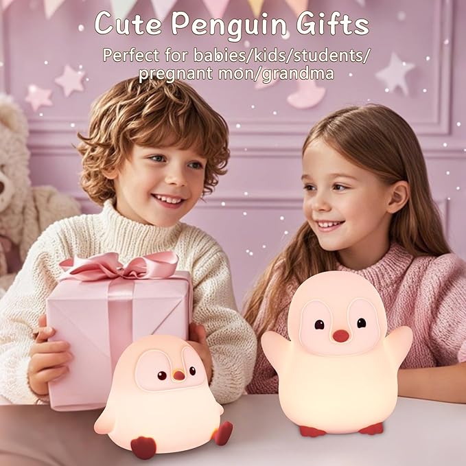 Pink Penguin Night Light,Food Grade Soft Silicone Nursery Nightlight for Baby,LED Squishy Novelty Animal Bedside Lamp,Rechargeable/Dimmable/Timer,Funny Gifts for Kids Girls Adults Teens - Bloomnest