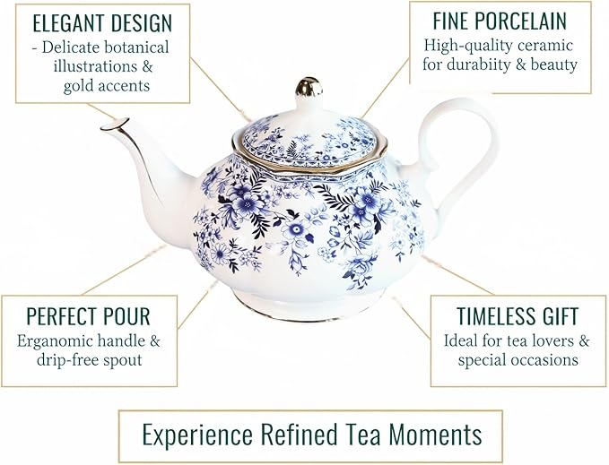 22oz Floral Ceramic Teapot – Vintage Gold Rim Porcelain Tea Pot for Loose Leaf, Blooming Tea & Coffee, Elegant Decorative Teapot for Tea Party, Flower Design (China Flower)
