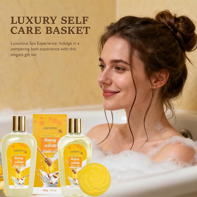 Gifts for Women Gift Basket for Women - 17 Pc Honey Almond Scented Home Bath Pampering Package Spa Bath & Body Gift Set, Luxury Home Spa Bath Gift Basket, Pamper Gifts for Woman & Teens