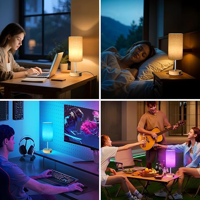 Unicozin Small Table Lamp, 3CCT & 7 RGB Color Changing, Dimmable Nightstand Lamp with Wood Grain Base, Touch Bedsides Lamp for Bedroom, Office, Kids Room, Nursery, Party, Beige Shade - Bloomnest
