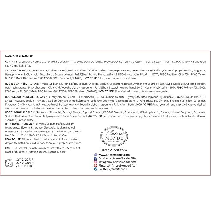 Home Spa Gift Basket, Bath Spa Kit for Women, with Body Lotion, Shower Gel, Bubble Bath, Body Scrub, Bath Salt, Bath Bomb, Bath Gift Set for Mother, Wife Her, with Magnolia and Jasmine Scent