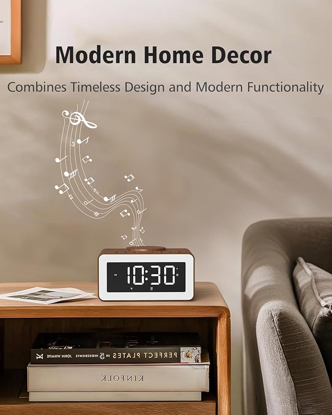 Digital Alarm Clocks for Bedrooms, Bluetooth Speaker, Alarm Clock with Wireless Charging, White/Brown Noise Sound Machine for Sleep with Night Light Wooden Vintage Decor Birthday Gifts for Men, Women - Bloomnest
