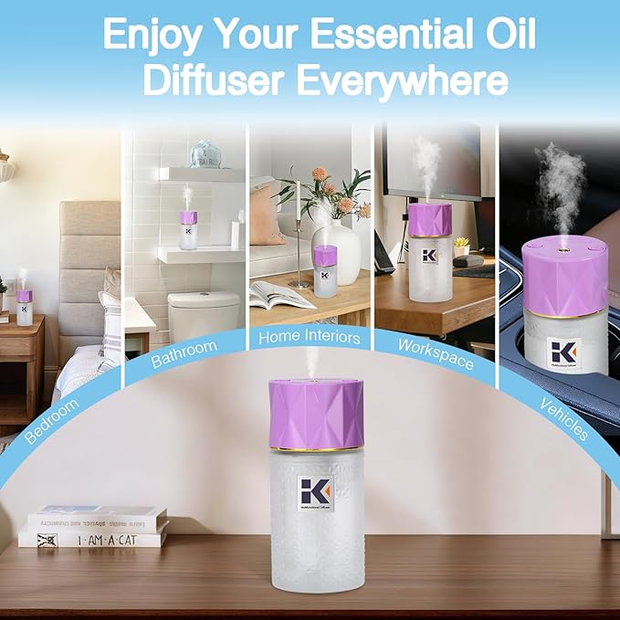 Ikeda Essential Oil Diffuser with Negative Ions, 250ml Glass Aromatherapy Diffuser with 10mL Lavender Essential Oil,3 Modes & 2000 mAH Battery Operated Car Diffuser with Night Light for Home,Purple