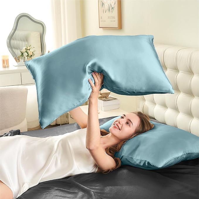 INFIIXSO Silk Pillow Cases 2 Pack Standard Size, Ultra Smooth & Soft Mulberry Silk Pillow Case for Hair and Skin, Breathable Cooling Silk Pillowcase with Hidden Zipper (Haze Blue, 20x26 Inches) - Bloomnest