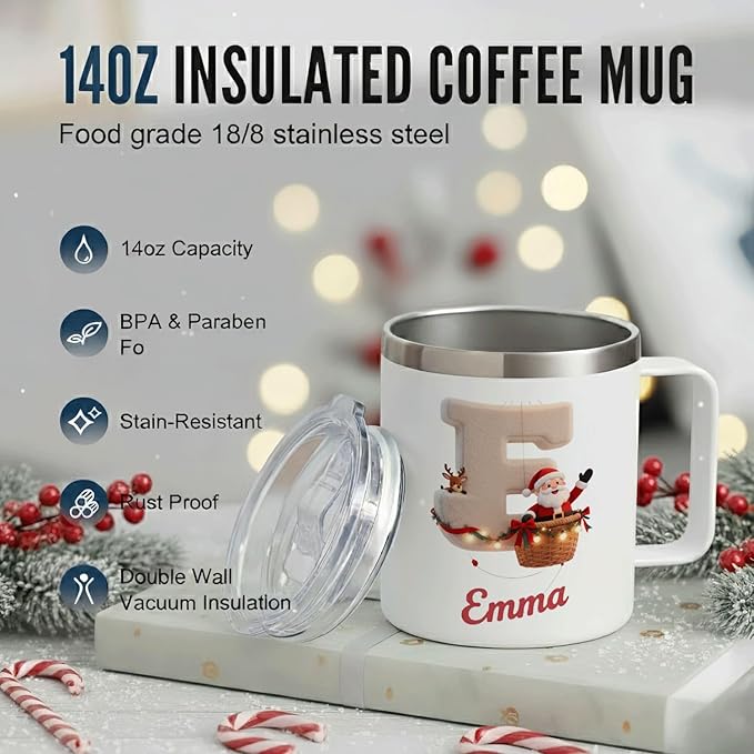 Personalized Christmas Mug | Custom Santa & Reindeer Flight Initial Insulated Coffee Cup with Handle & Lid | 12oz Holiday Tumbler, Cute Stocking Stuffer Gift (B15) - Bloomnest