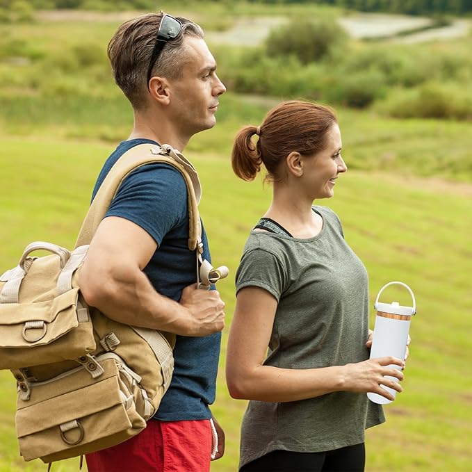 30 oz Tumbler with Handle, Double Wall Vacuum Insulated Tumblers with Flip Straw, Coffee Mug 30oz Powder Coated Cup for Hot and Cold Drinks(Copper Plated, White,1 pack)