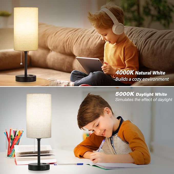 Dicoool 17Inch Tall Bedroom Lamps with USB C and A Ports 3 Color Temperatures - Pull Chain Beige Nightstand Bedside Table Lamp with AC Outlet, Side Lamp for Living Room End Table - Bloomnest