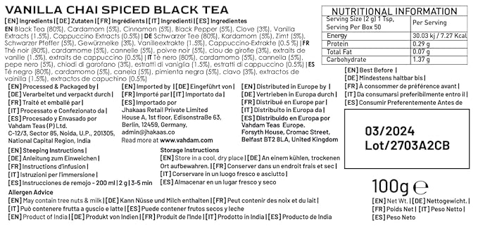 VAHDAM Vanilla Spiced Masala Chai | 3.53oz (50 Cups) Gluten Free Delicious Blend Of Vanilla & Masala Chai | Spiced Chai Tea Loose Leaf | Brew As Hot, Cold Or Iced Tea | Vacuum Sealed Pack - Bloomnest