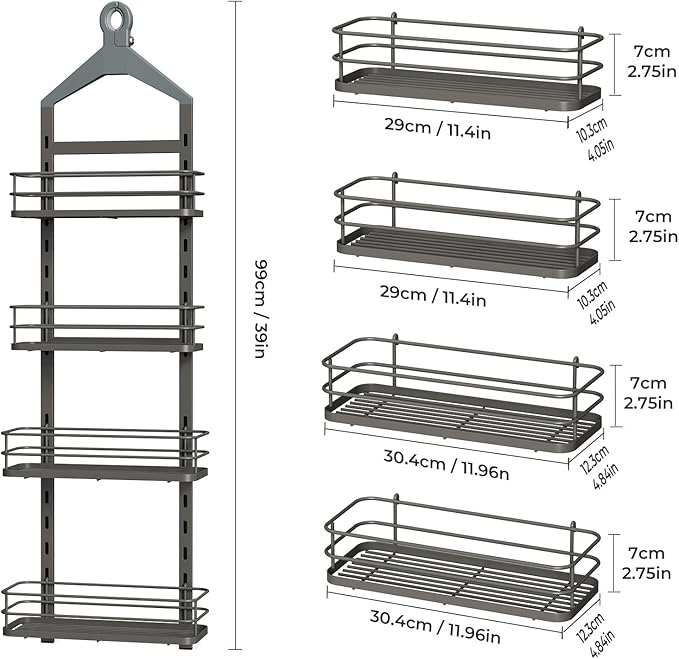 ODesign 4 Tier Height-Adjustable Shower Caddy Hanging Anti-Swing-Over The Shower Head Caddy-Showers Storage Organizer Bathroom Shelves Basket Showers Caddies-Grey - Bloomnest
