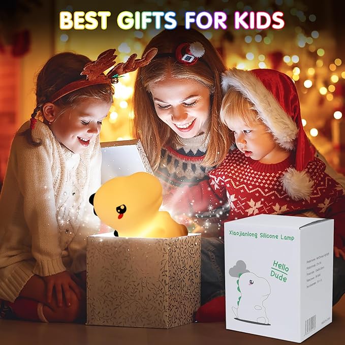Night Light for Kids, 7 Color Changing BPA-Free Silicone Lamp with Touch Control, Eye Protection, Rechargeable Battery, Soft & Safe Nursery Lamp for Boys & Girls (Dinosaur) - Bloomnest