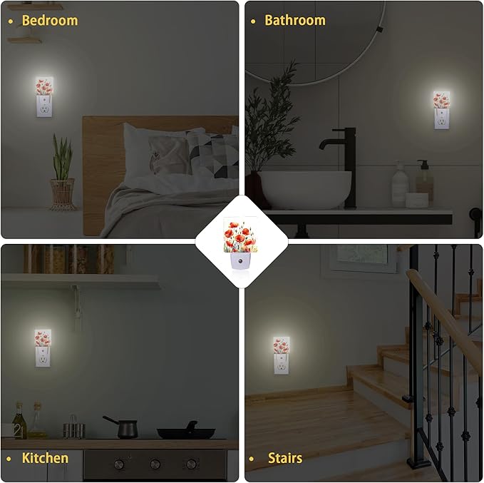 Red Poppy Flowers Night Light, Red Flowers Night Lights Plug Into Wall with Dusk to Dawn Sensor Wall Lamp, Nightlights for Bedroom, Bathroom, Hallway, Kitchen, Gifts Ideal for Girls Women - Bloomnest