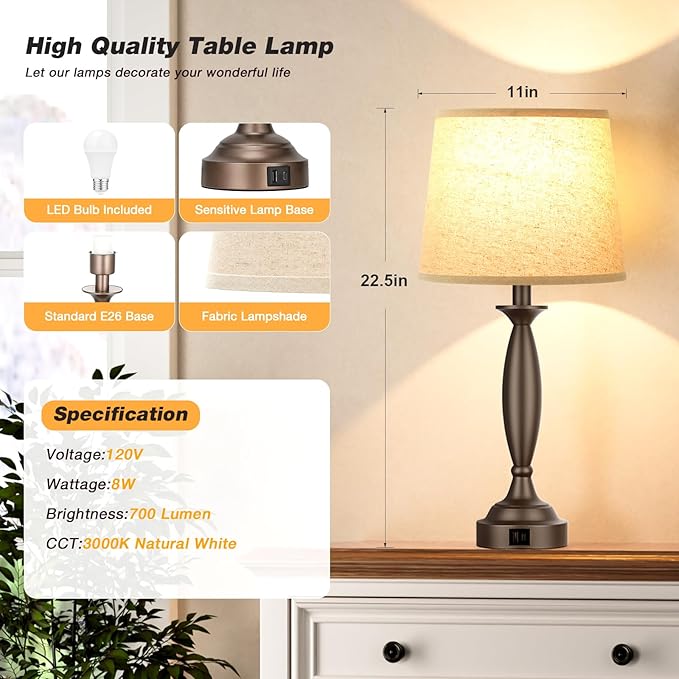 Beige Brown Lamps for Bedrooms Set of 2 - Touch Control Bedside Lamp with USB C+A, 3 Way Dimmable Nightstand Lamps with USB Port, Table Lamp for Living Room(Beige Shade and Brown Base) - Bloomnest
