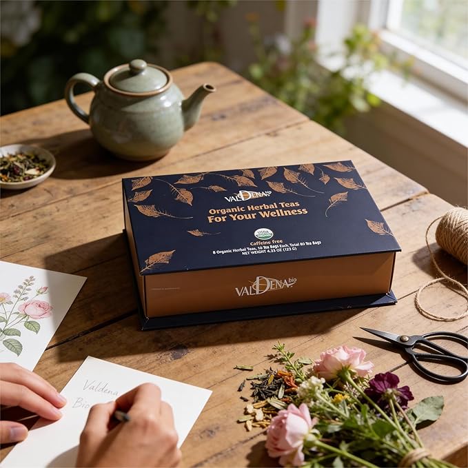 Valdena Bio Organic Herbal Teas for Your Wellness Tea Sampler Gift Caffeine Free 8 Flavors Assorted Tea Sets Variety Pack 64 Individually Wrapped Tea Bags Gift for Tea Lovers - Bloomnest