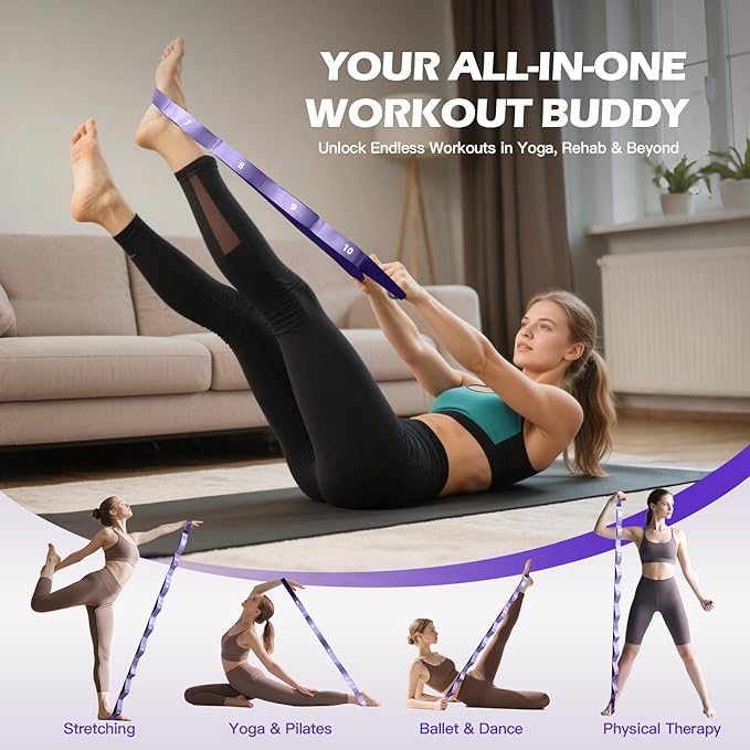 ROSAPOAR Stretching Strap with Loops - Non Elastic Yoga Straps for Physical Therapy, Durable Stretch Bands for Exercise, Flexibility Training, Hamstring & Leg Stretcher, Yoga/Pilates/Gymnastics - Bloomnest