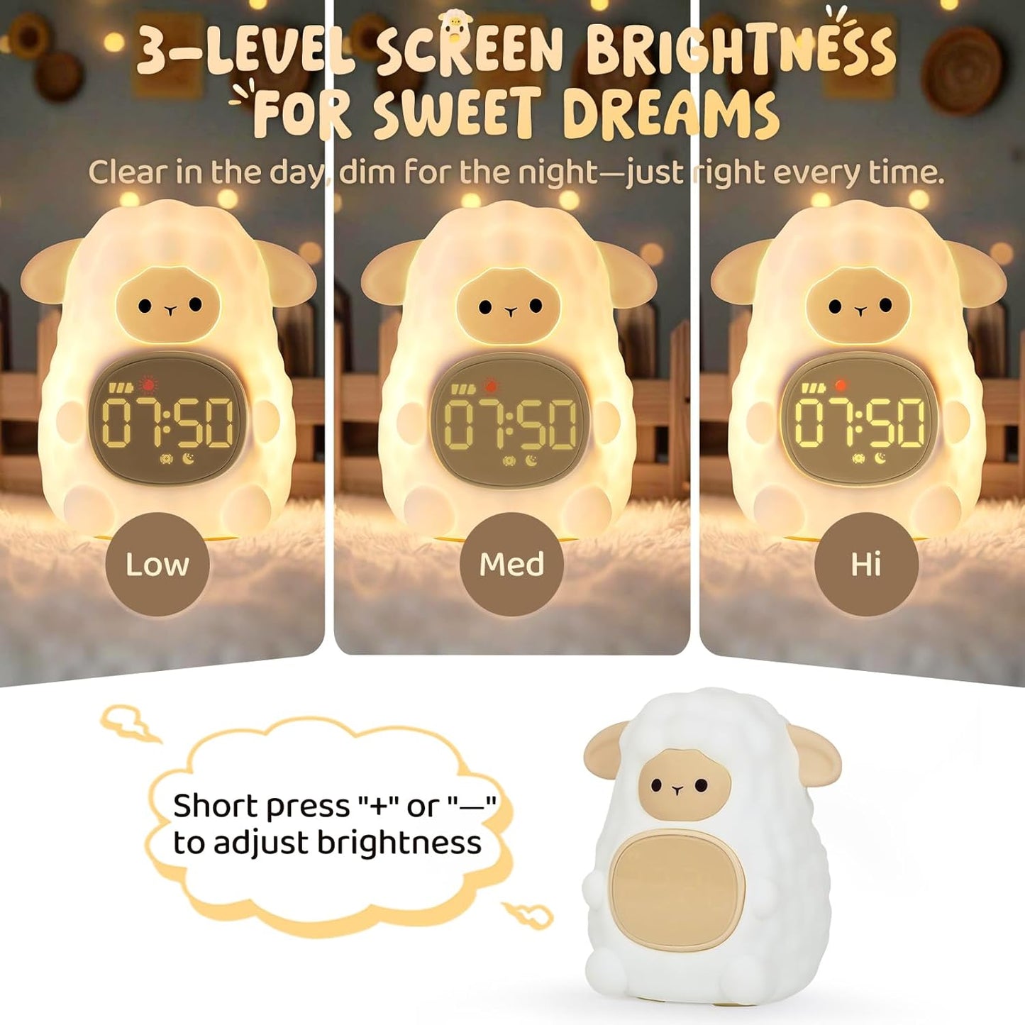 Sheep Alarm Clock with Night Light for Kids with Sleep Training and Sound Machine, Rechargeable Silicone Lamp OK to Wake Clock,Cute Animal Tabletop Lamp, Perfect Sleep Companion for Boys Girls, Khaki