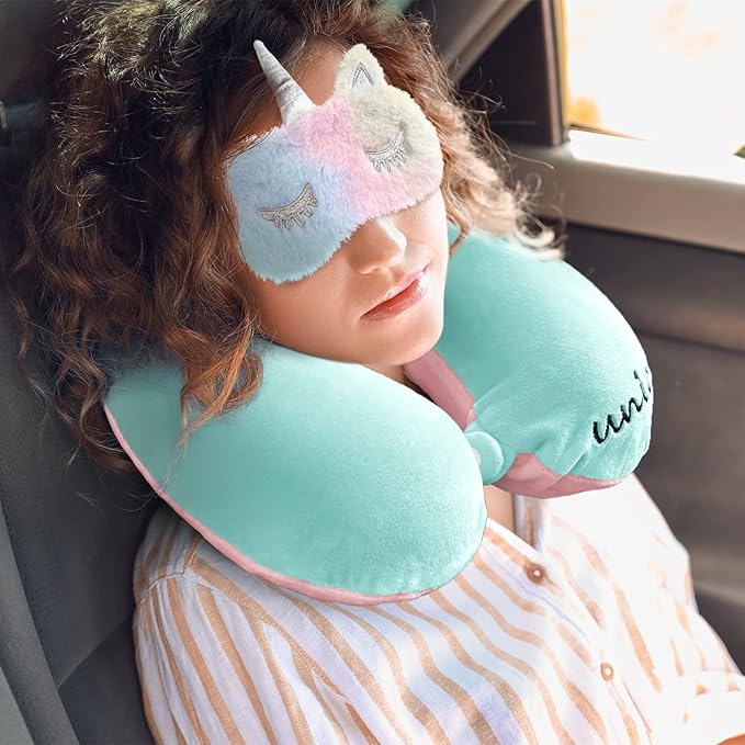 Neck Travel Pillow for Kids, Unicorn Airplane Memory Foam Pillow with Cute Sleep Mask & Earplugs, Lightweight Travelling Sleeping Pillow Set for Car, Train, Bus and Home Use (Blue) - Bloomnest
