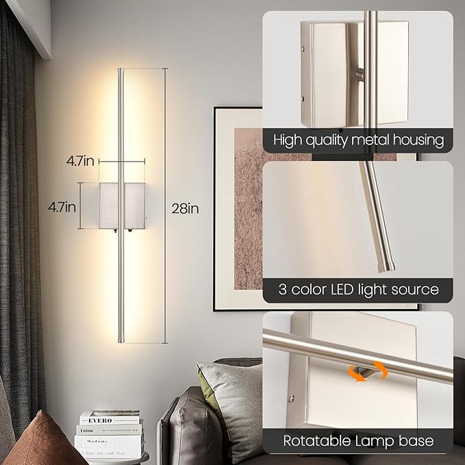 Set of 2 Battery Operated Wall Sconces, 11000mAh Wireless Rechargeable Brushed Nickel Wall Lights with Remote Control, 350°Rotate Dimmable Wall Lamp, 3 Color Temperatures, for Bedroom, Living Room - Bloomnest