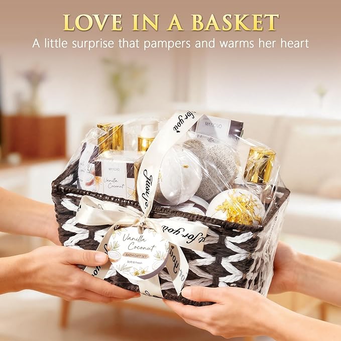 Birthday Gifts for Women, Vanilla Coconut Relaxing Spa Gift Baskets for Women Self Care Package Bath Gift Set, Home Bath and Body Kit Pamper Valentines Day Gifts for Her Womens Mom Friends Sister Wife - Bloomnest