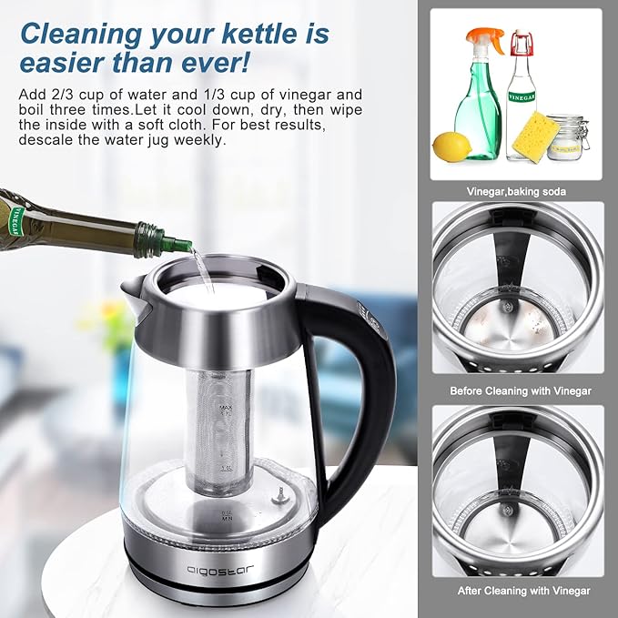 Aigostar Electric Kettle, Tea Kettle with Temperature Control and Tea Infuser, 1500W Hot Water Kettle with Variable Temperature, Keep Warm Function, LED Indicator Light Change, Auto Shut-Off, 1.7L - Bloomnest
