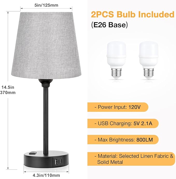 Grey Bedside Lamps for bedrooms Set of 2 - Nightstand Bedroom Lamp with USB C Port and AC Outlet Charging, 3 Way Dimmable Touch Control Small Bed Side Table Lamp, Night Stand Light for Kids/Guest Room - Bloomnest