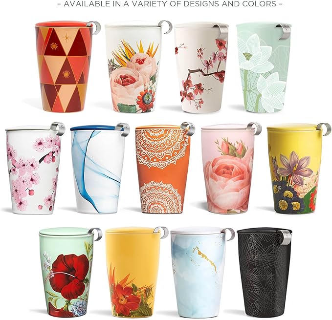 Tea Forte Double-Walled Ceramic Kati Cup, Removable Stainless Steel Infuser Basket and Lid, Steeps 12 oz Loose Leaf Tea, Dishwasher & Microwave Safe, Jubilee - Bloomnest