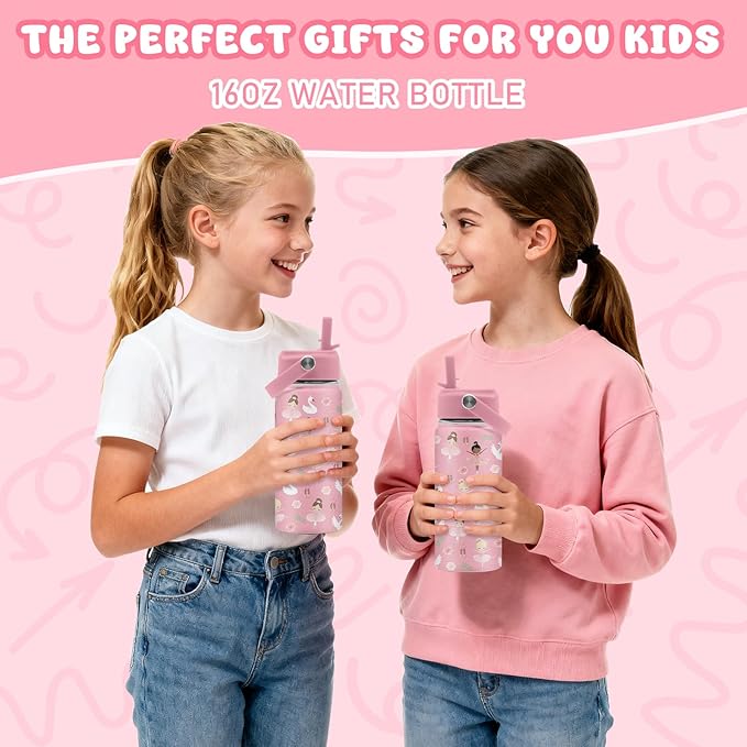 Ballet Water Bottle, 16oz Ballerina Girls Stainless Steel Insulated Water Bottle with Straw Lid, Ballerina Cup Tumbler Birthday Gifts for Kids Teen Girls School - Bloomnest