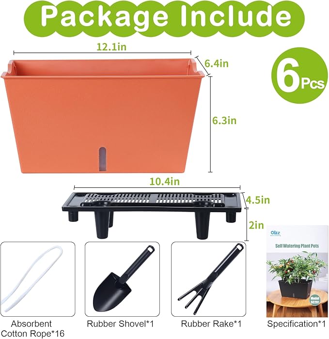 Window Box Planter 6 Pcs, 12.6 Inches Self Watering Rectangle Flower Plant Pots with Drainage Holes & Breathable Trays, Vegetable Planters for Windowsill Patio Garden Balcony Porch Yard (Orange) - Bloomnest
