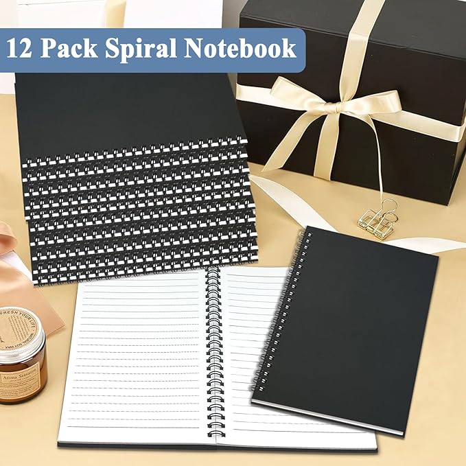 12Pack Small Spiral Notebook A5, 8.25x5.5” 120 Lined Pages Black Wide Ruled Spiral Journal Bulk Blank Kraft Cover Spiral Bound Notebook & Writing Pads for Home Office Meeting Work Note Taking - Bloomnest