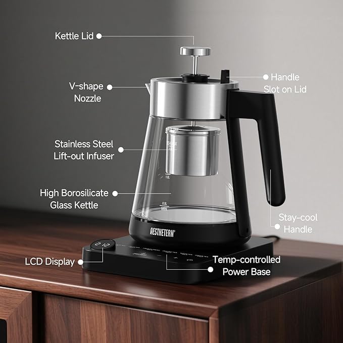 Electric Tea Kettle with Infuser 1.7L Glass Electric Kettle with Temperature Control Automatic Shut Off 12H Keep Warm for Tea Coffee Water Heater, Black - Bloomnest