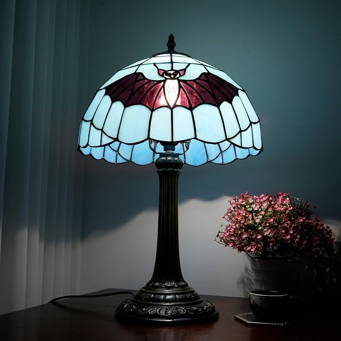 Tiffany Lamp Stained Glass Lamp 12 Inch Tiffany Style Blue Background With Black Bats Bedside Lamp Classical Art Decor Bedroom Living Room Dining Dormitory Table Vintage Home Decor The Ideal Gift - Bloomnest