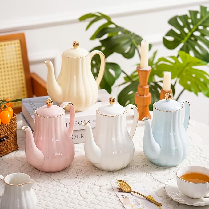 Tea Pot, Porcelain Teapot 37oz,tea pots for tea party,Tea Infuser Pots for Blooming loose Leaf Tea(White)