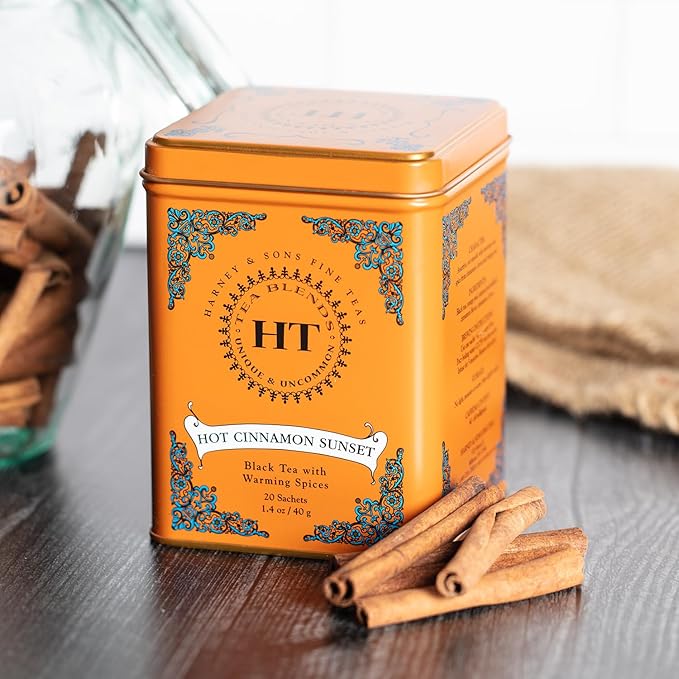 Harney & Sons Caffeinated Hot Cinnamon Sunset Black Tea with Orange and Cloves Tin 20 Sachets (Pack of 1) - Bloomnest
