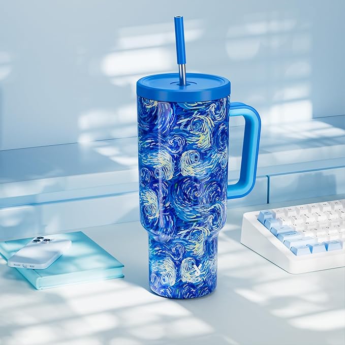 Meoky Tumbler with Handle and Straw for Women: 40 oz Stainless Steel Insulated Tumbler with Lid and Straw 100% Leakproof for Car Cup Holders - Travelers Commuters Workers, Van Gogh - Bloomnest