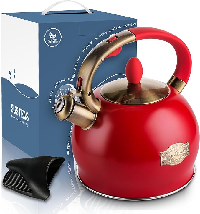 SUSTEAS Stove Top Whistling Tea Kettle - Food Grade Stainless Steel Teakettle Teapot with Cool Touch Ergonomic Handle, With 1 Silicone Pinch Mitt Included, 2.64 Quart(RED) - Bloomnest