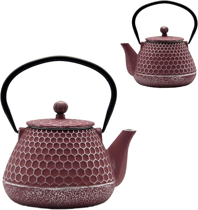 20.3oz Small Cast Iron Teapot, SECHUDO Tea Kettle for Stovetop Safe Coated with Enameled Interior, Pink Tea Pot with Stainless Steel Infuser for Loose Tea (Honeycomb Pattern)
