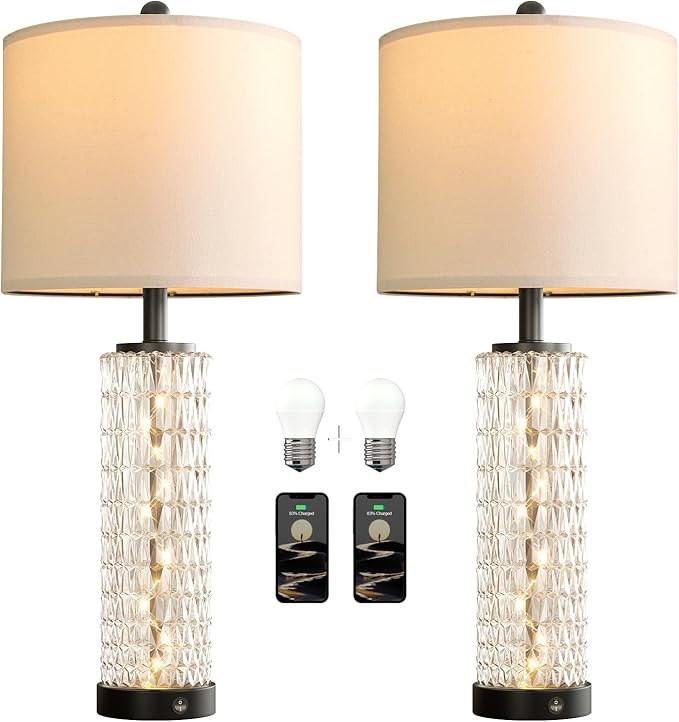 Oneach 27.75” Table Lamps Set of 2, Black Modern Bedside Lamp with LED Night Light, USB A+C, Glass Lamps for Living Room, Bedroom, Nightstand, Office, End Table (2 Bulbs Included) - Bloomnest